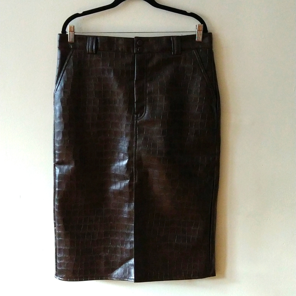 H&M brown faux crocodile leather midi skirt